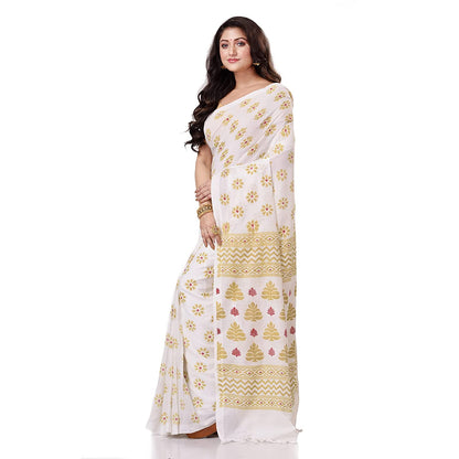Women's Handspun Cotton White Handloom Print Saree