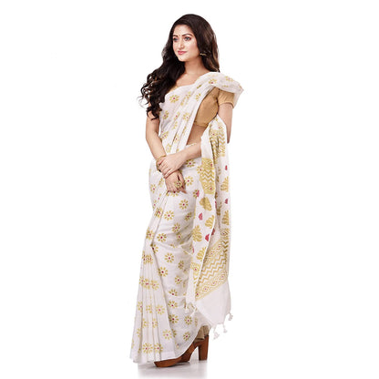 Women's Handspun Cotton White Handloom Print Saree