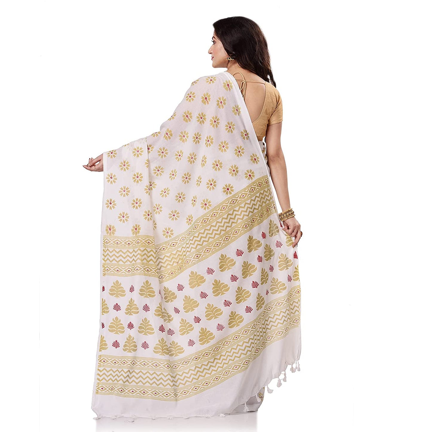 Women's Handspun Cotton White Handloom Print Saree