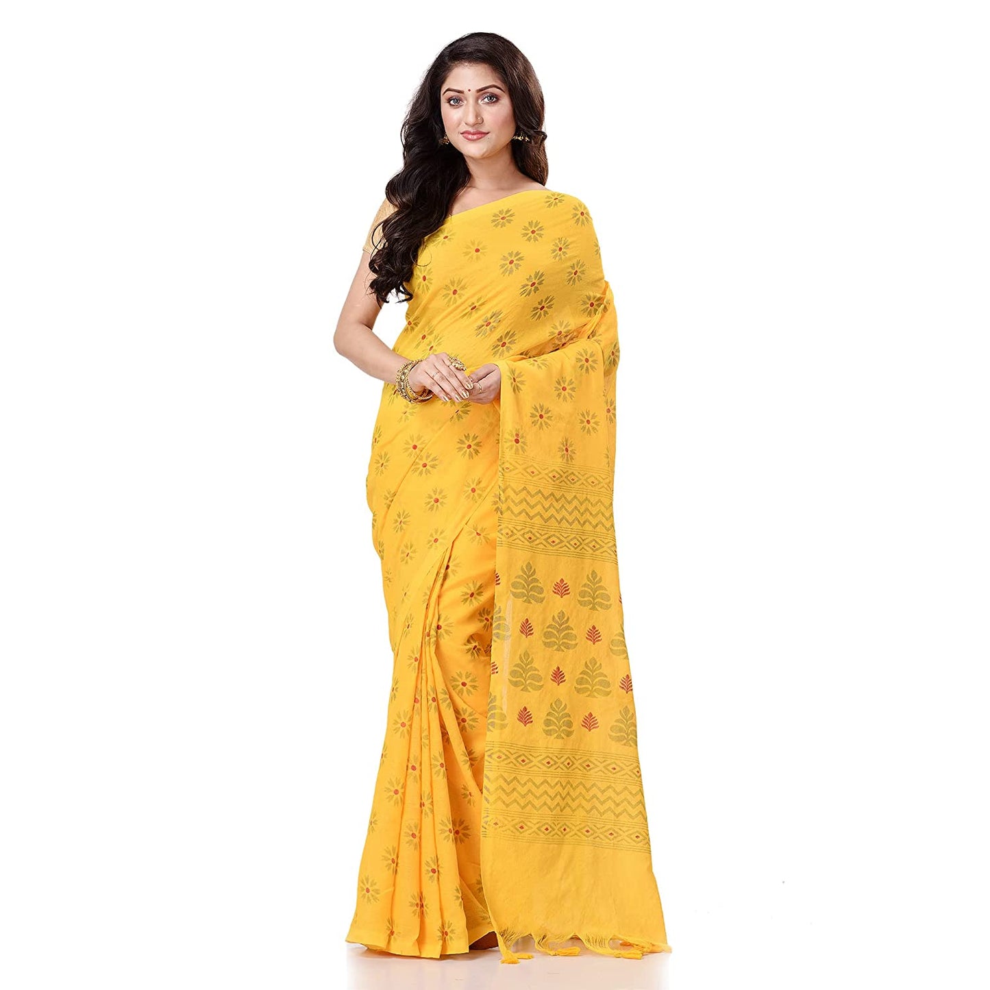 Women's Handspun Cotton Yellow Handloom Print Saree