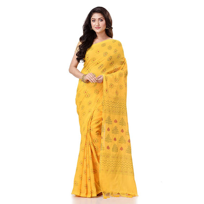 Women's Handspun Cotton Yellow Handloom Print Saree