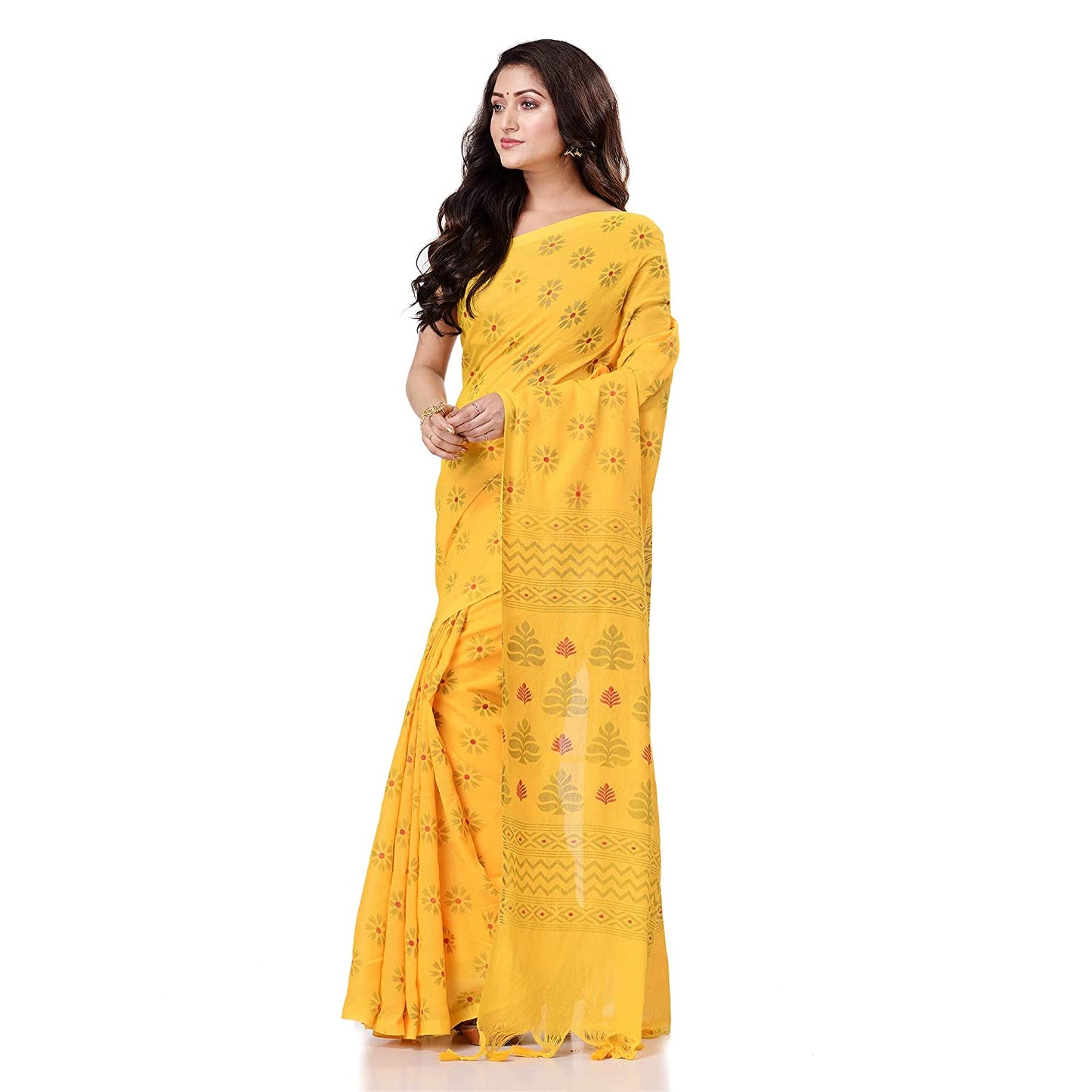 Women's Handspun Cotton Yellow Handloom Print Saree