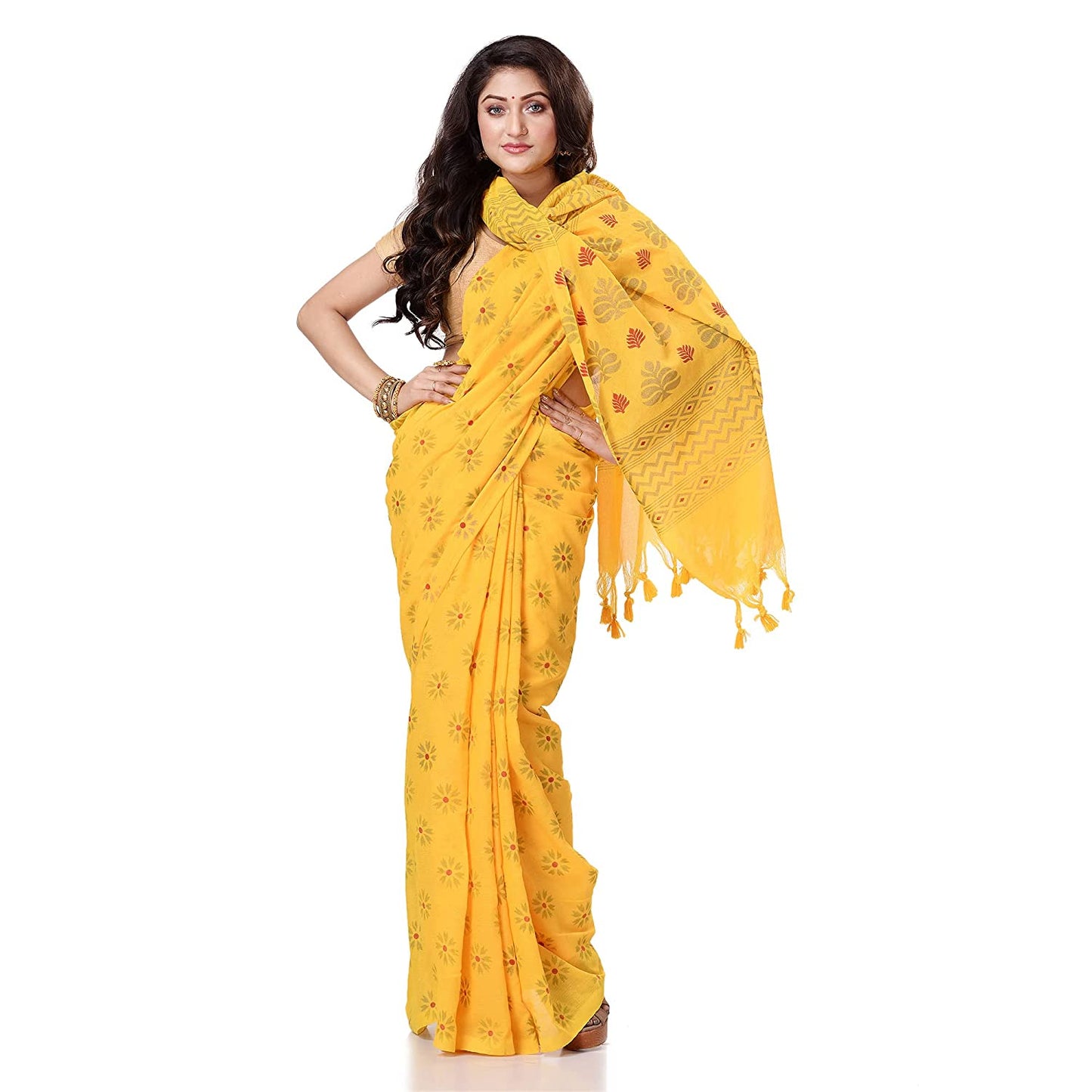 Women's Handspun Cotton Yellow Handloom Print Saree
