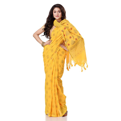 Women's Handspun Cotton Yellow Handloom Print Saree