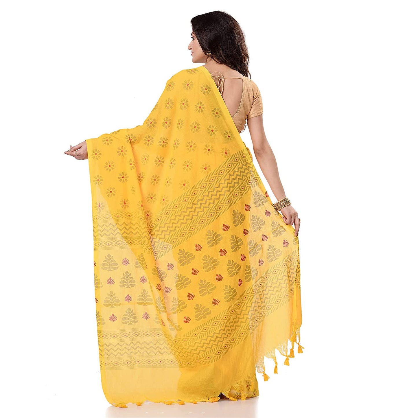 Women's Handspun Cotton Yellow Handloom Print Saree