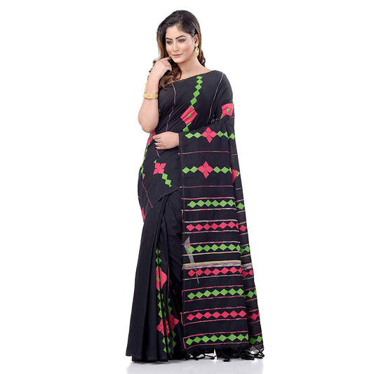 Women's Handspun Cotton Black Handloom Applique Saree