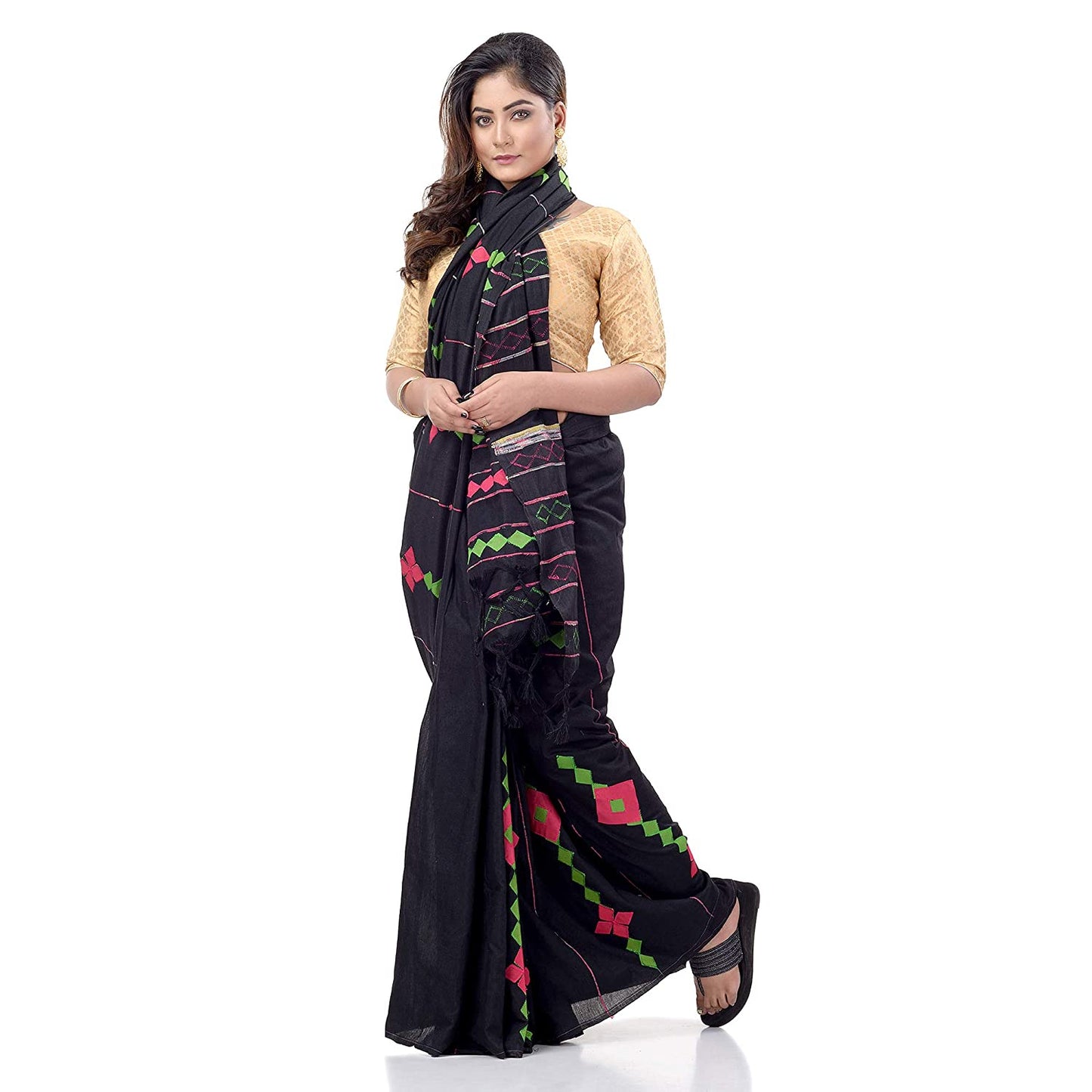 Women's Handspun Cotton Black Handloom Applique Saree