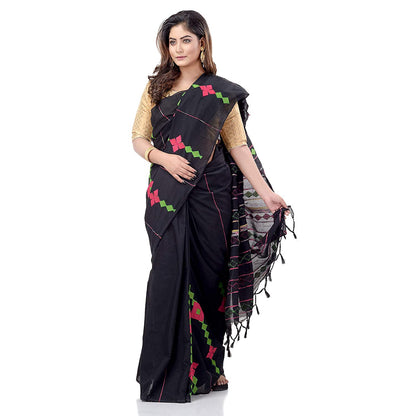 Women's Handspun Cotton Black Handloom Applique Saree