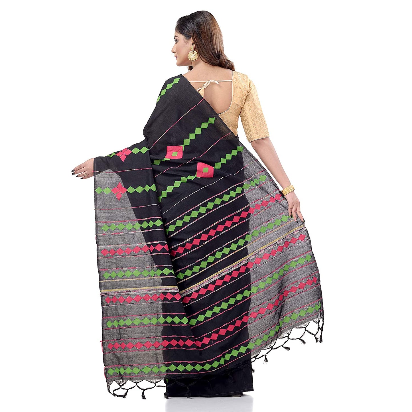 Women's Handspun Cotton Black Handloom Applique Saree