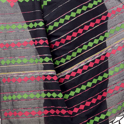 Women's Handspun Cotton Black Handloom Applique Saree