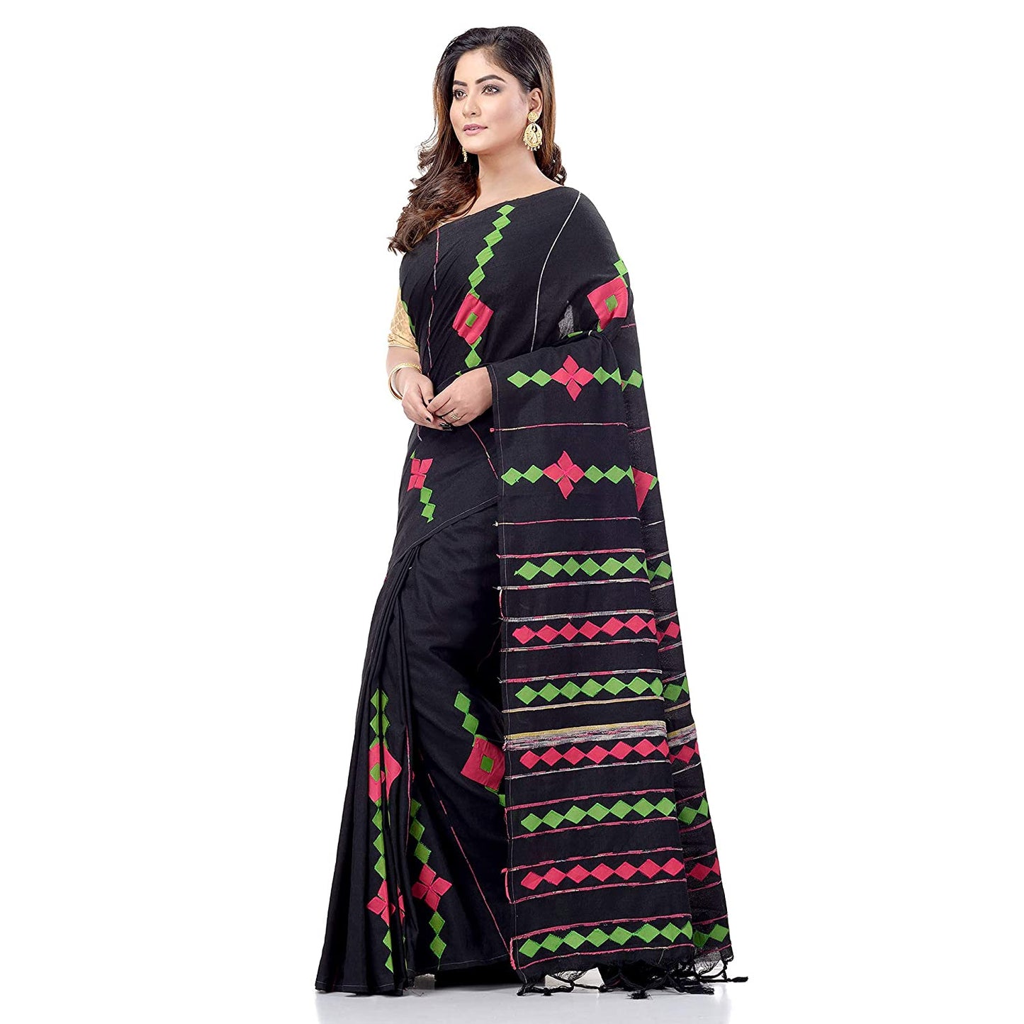Women's Handspun Cotton Black Handloom Applique Saree
