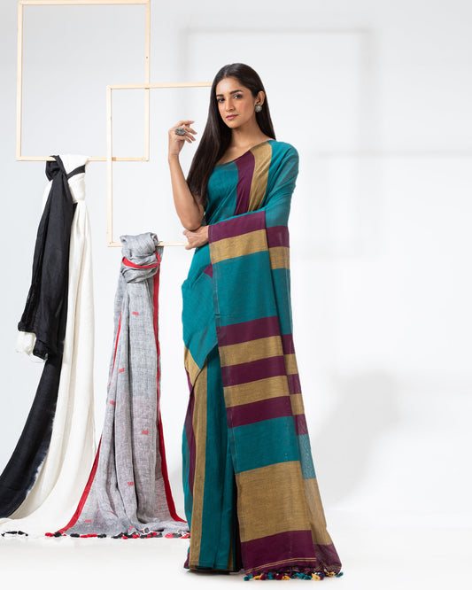 Women's Handspun Cotton Teal Handloom Saree