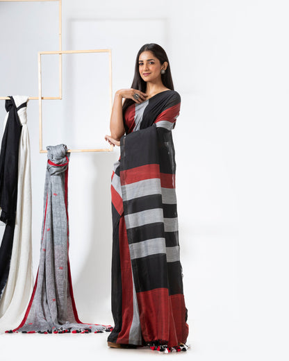 Women's Handspun Cotton Black Handloom Saree