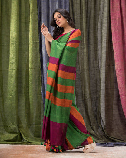 Women's Handspun Cotton Green Handloom Saree