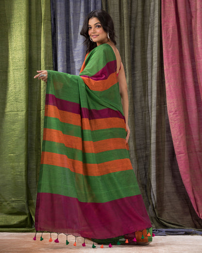 Women's Handspun Cotton Green Handloom Saree