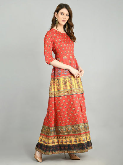 Women Red Cotton Printed Dress by Myshka (