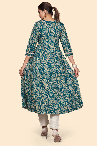 Women's Floral Print A-Line Cotton Teal Stitched Kurta
