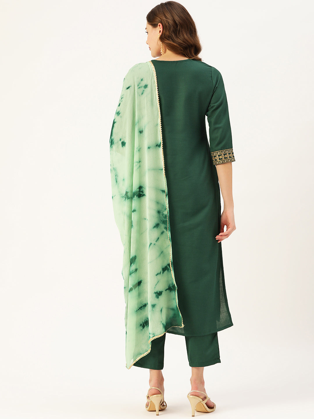 Women's Green Cotton Blend Panelled Printed Straight Kurta Trouser Set With Dupatta