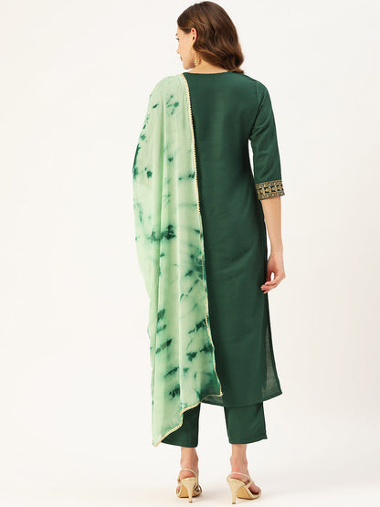 Women's Green Cotton Blend Panelled Printed Straight Kurta Trouser Set With Dupatta
