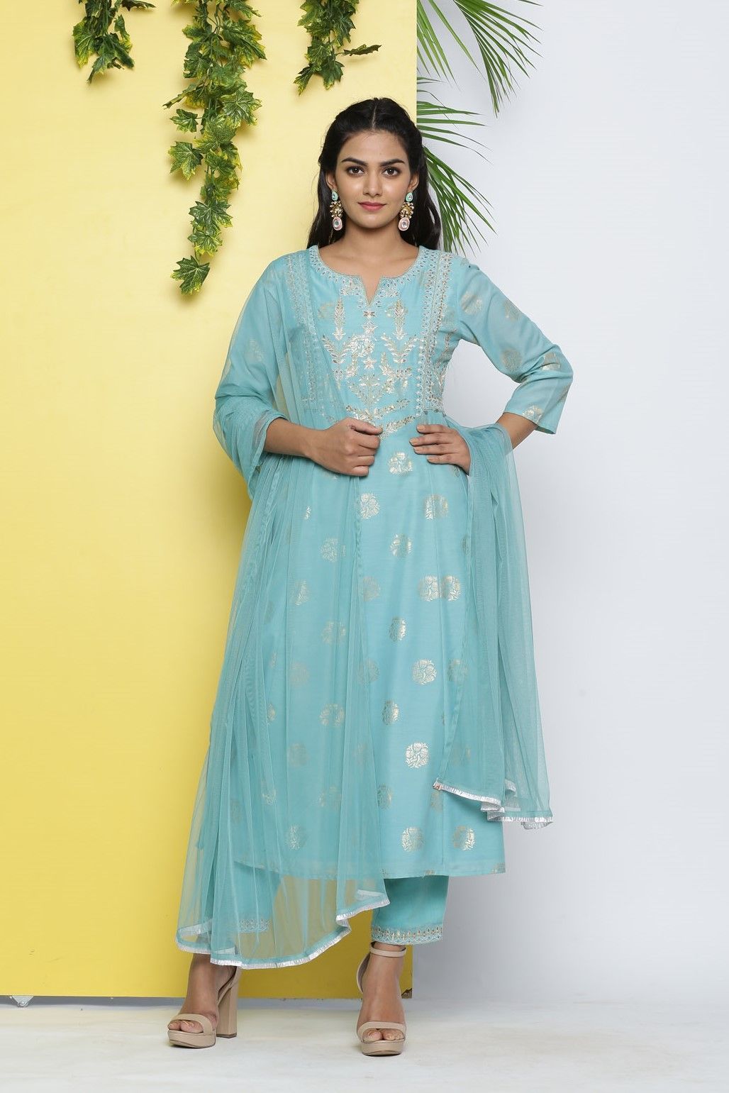 Women's Mint Poly Muslin Printed A-Line Kurta Pant Dupatta Set