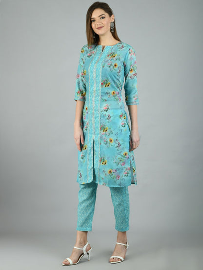 Women's Blue Poly Cotton Printed 3/4 Sleeve Round Neck Casual Kurta Pant Set