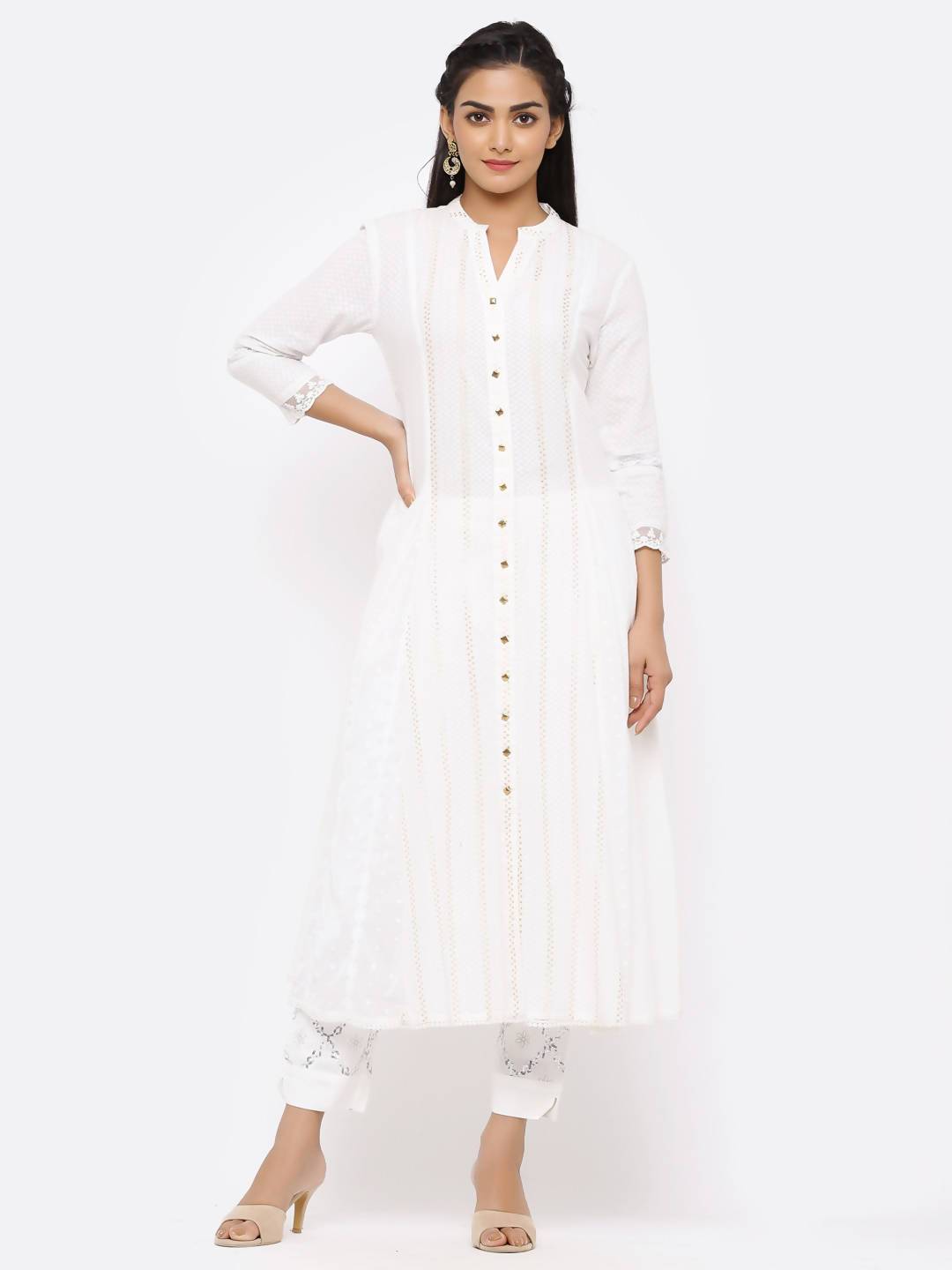 Buy_Women's_White_Cotton_Woven_Design_Flared_Kurta_Online_Trendia