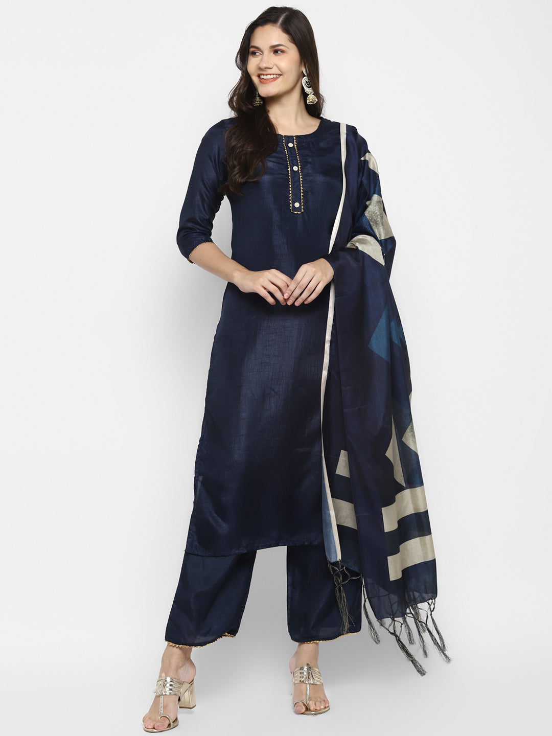 Women's Navy Blue Color Silk Blend Straight Kurta Palazzo With Dupatta