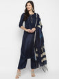 Women's Navy Blue Color Silk Blend Straight Kurta Palazzo With Dupatta