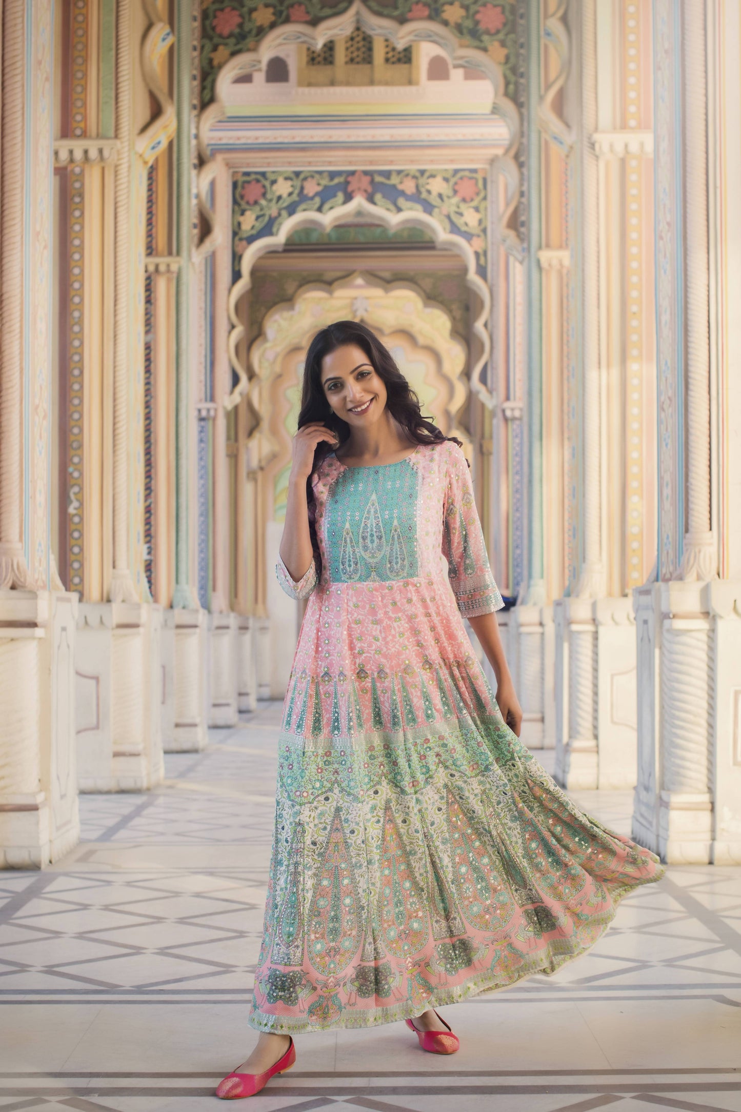 Women's Peach Georgette Printed Kalidar Dress