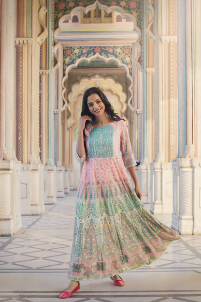Women's Peach Georgette Printed Kalidar Dress