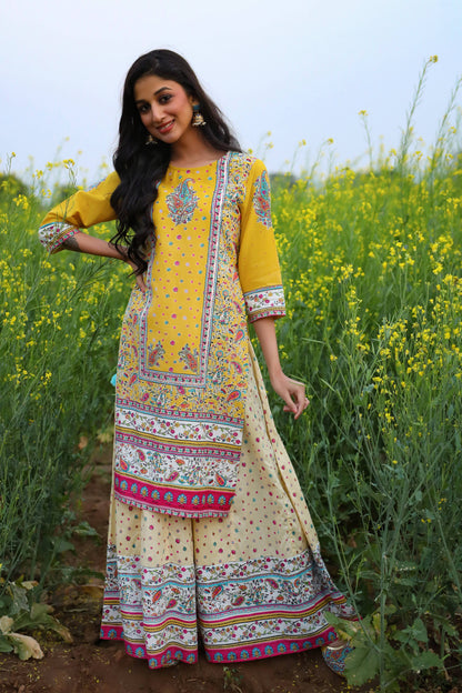 Women's Cambric Printed Straight Kurta Palazzo Dupatta Set