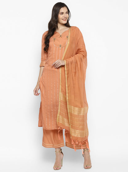Women's Peach Color Chanderi Silk Embroidered Straight Kurta Palazzo With Dupatta