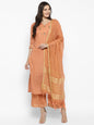 Women's Peach Color Chanderi Silk Embroidered Straight Kurta Palazzo With Dupatta