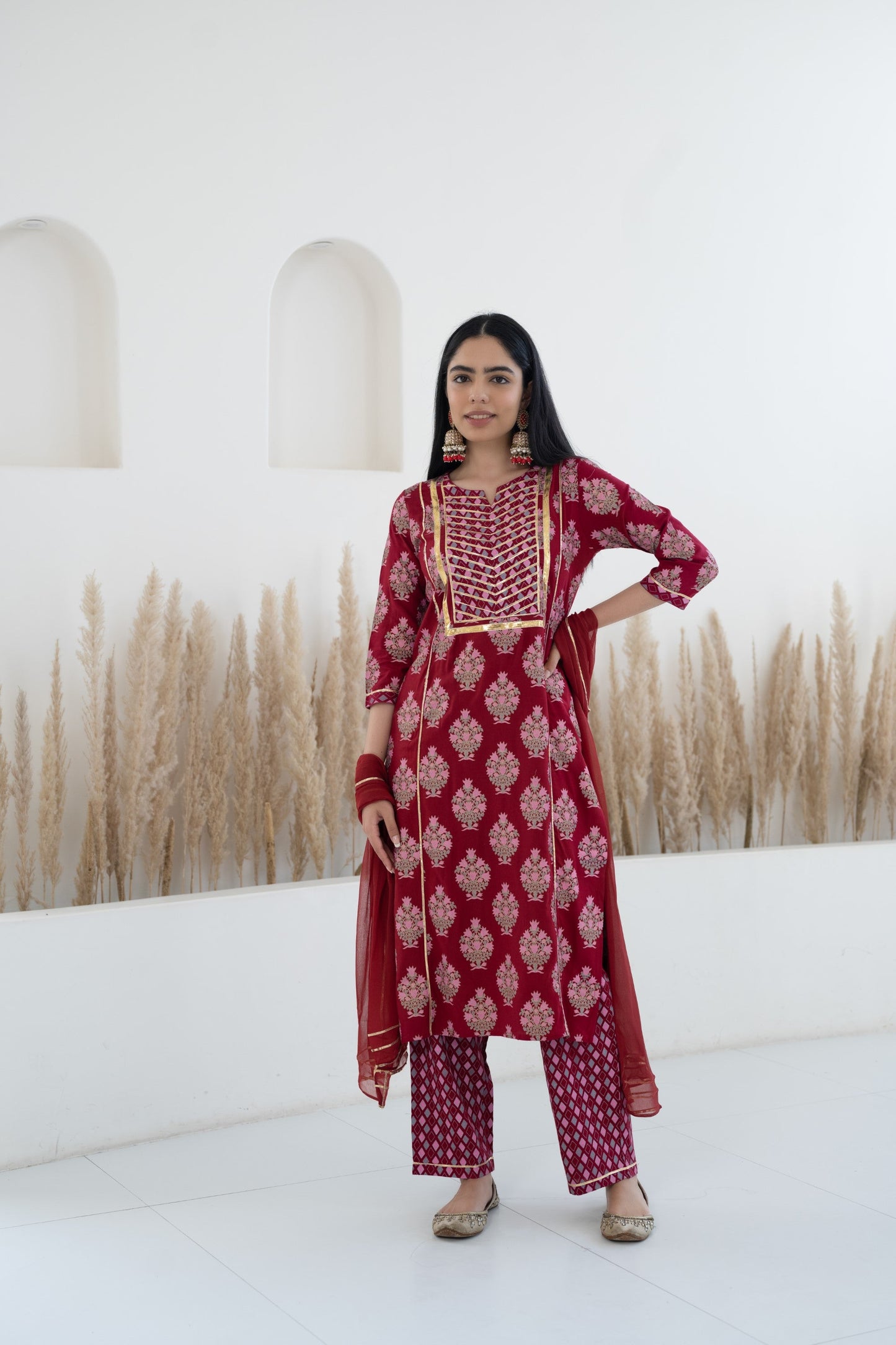 Womenâ€™s Maroon Kurta with pant set by Myshka