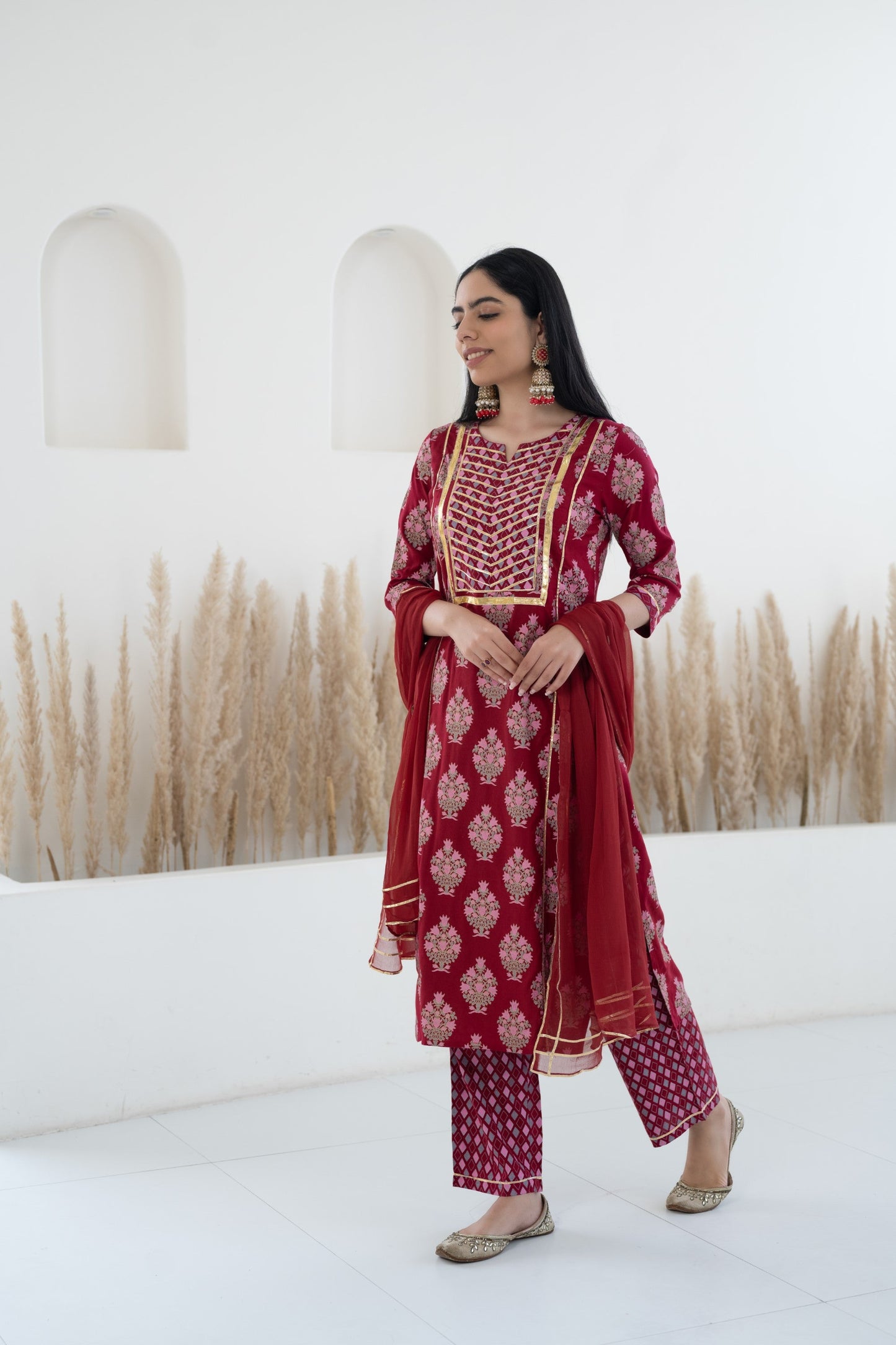 Womenâ€™s Maroon Kurta with pant set by Myshka