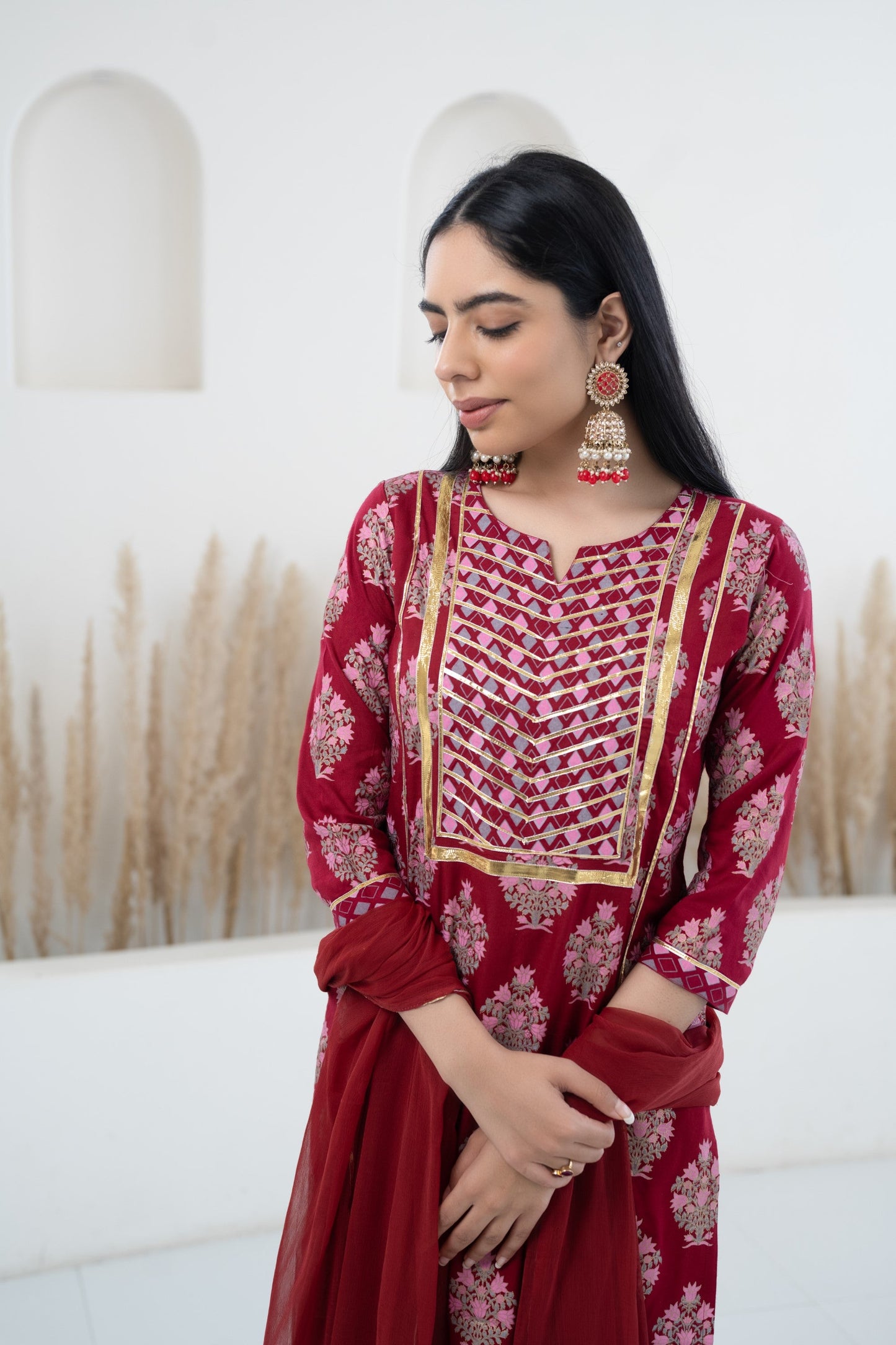 Womenâ€™s Maroon Kurta with pant set by Myshka