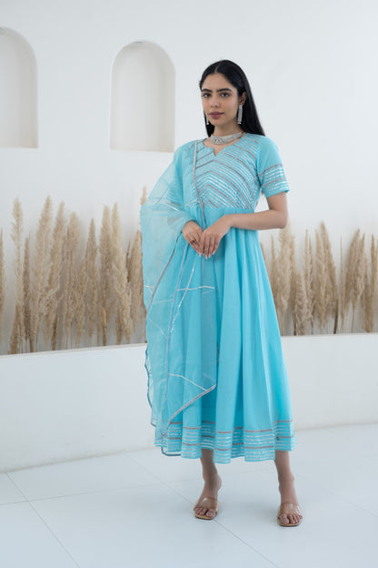 Womenâ€™s Blue Anarkali Gown with Dupatta by Myshka-