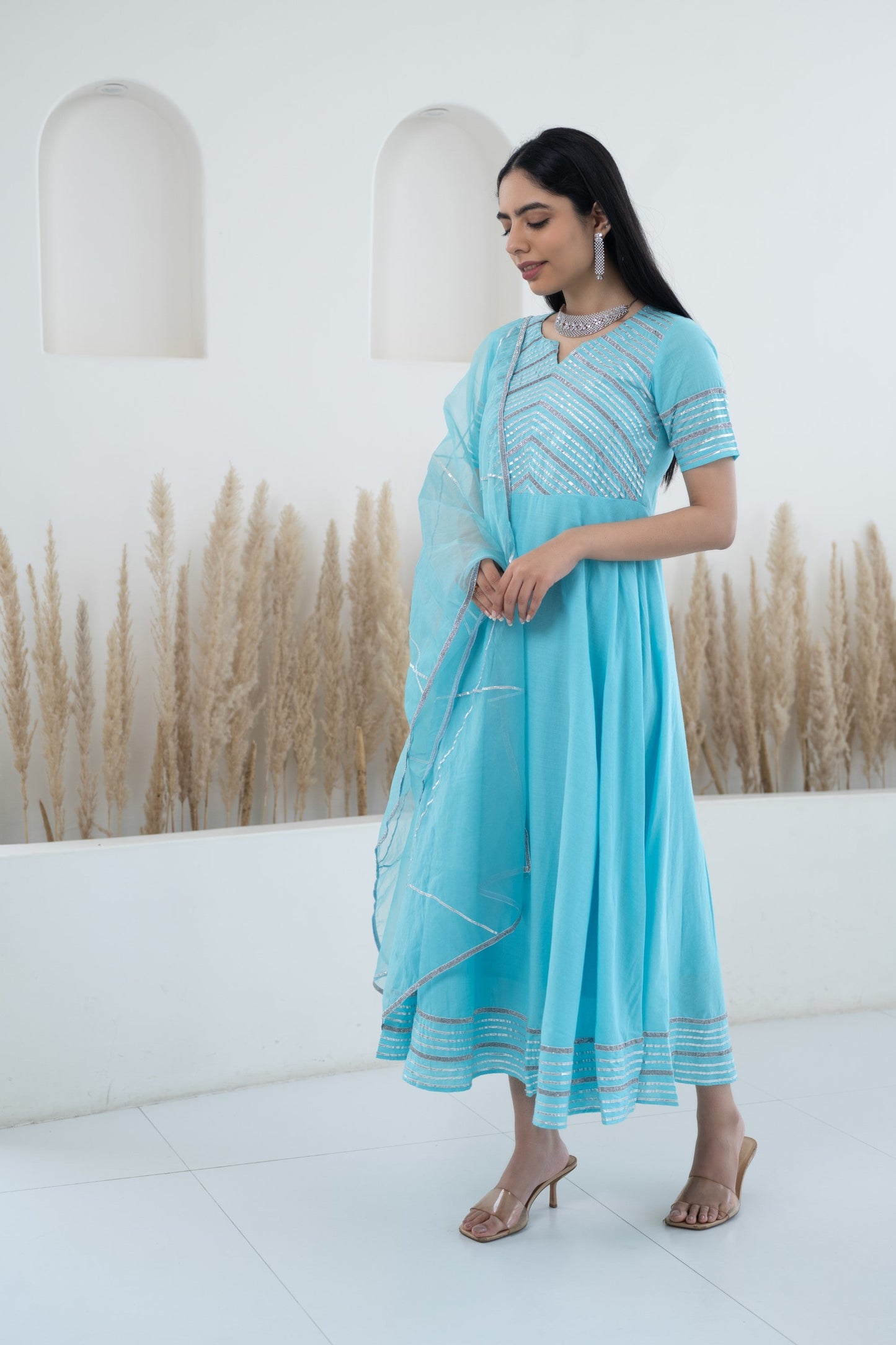 Womenâ€™s Blue Anarkali Gown with Dupatta by Myshka-