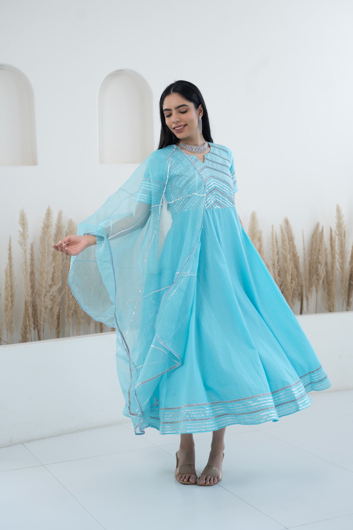 Womenâ€™s Blue Anarkali Gown with Dupatta by Myshka-