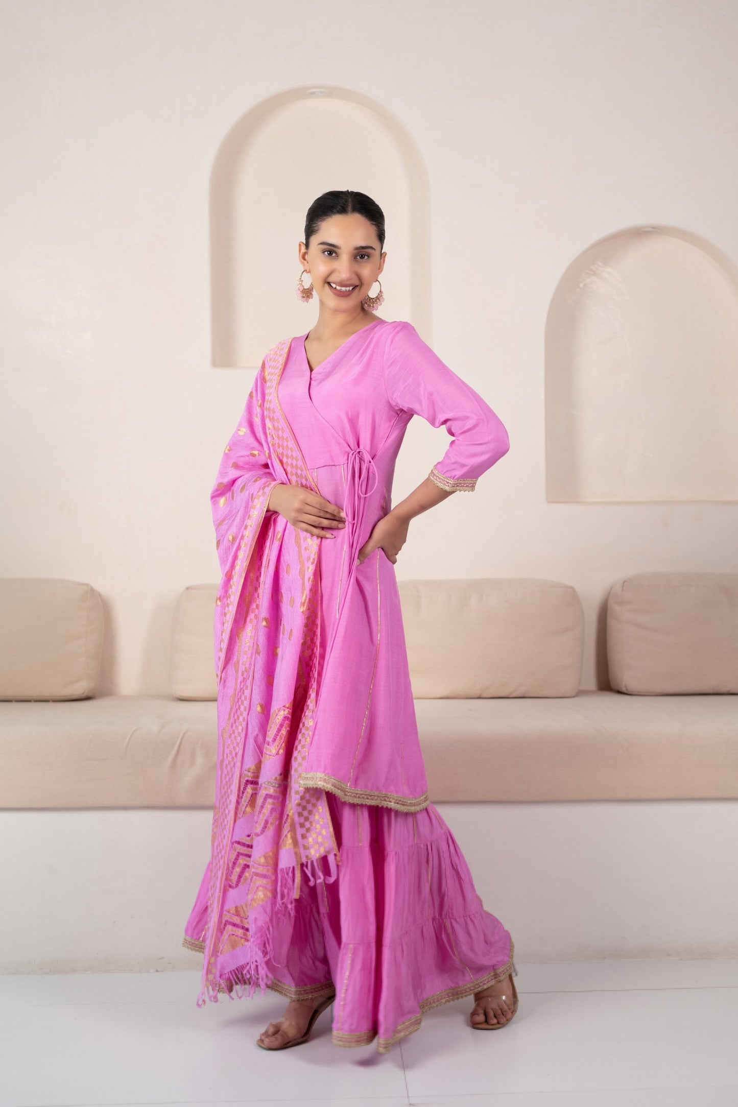 Womenâ€™s Pink Angrakha Kurta set by Myshka