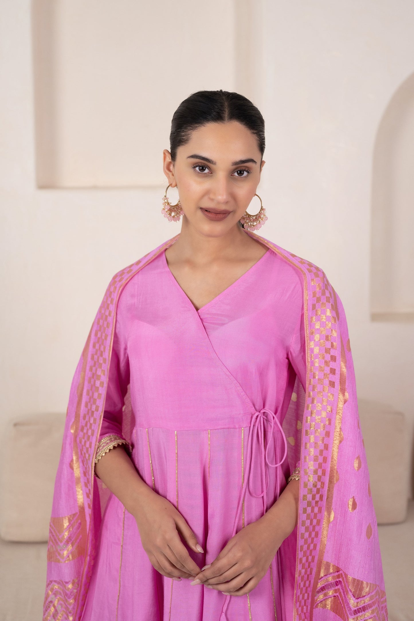 Womenâ€™s Pink Angrakha Kurta set by Myshka