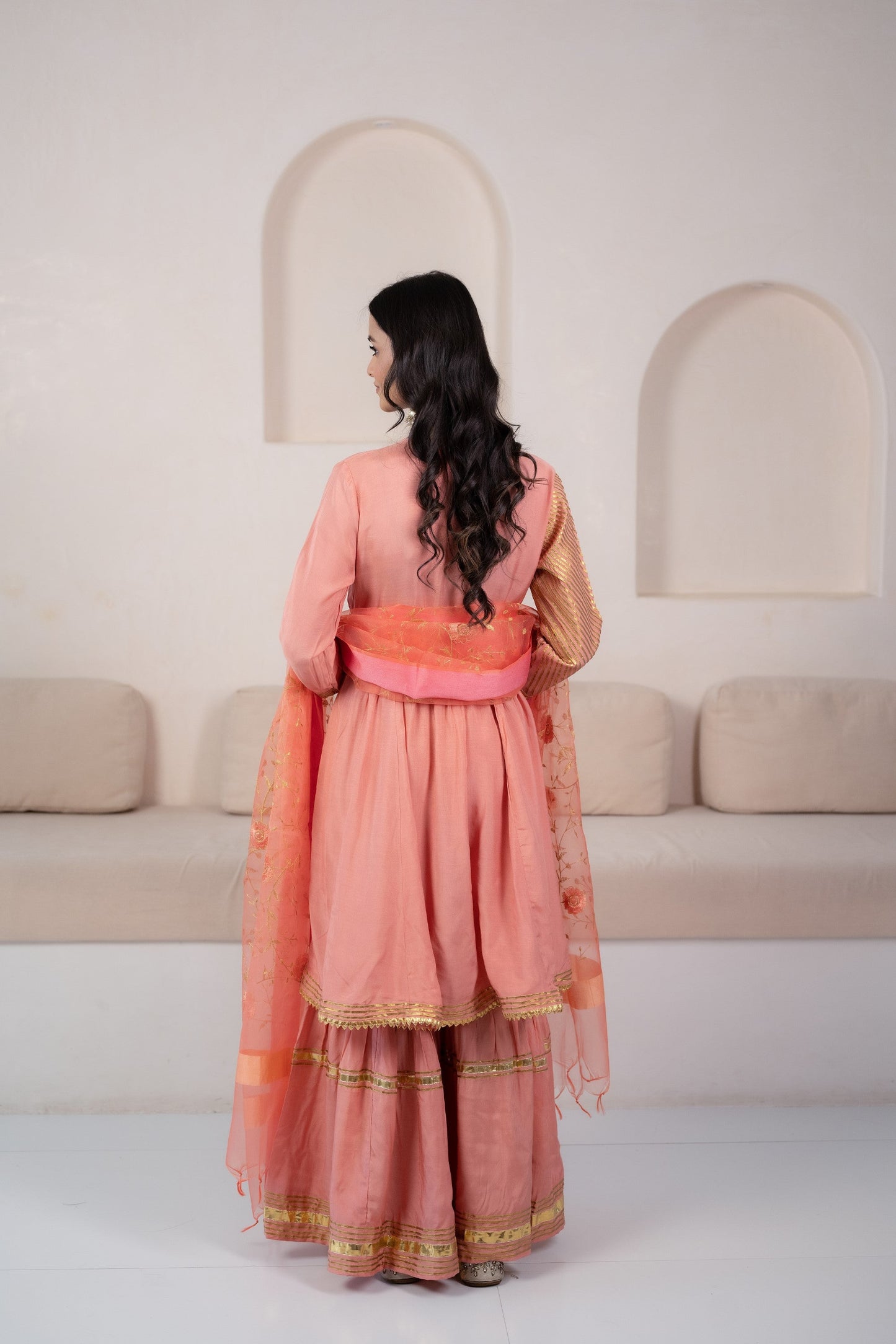 Peach  Angrakha Sharara set for women by Myshka