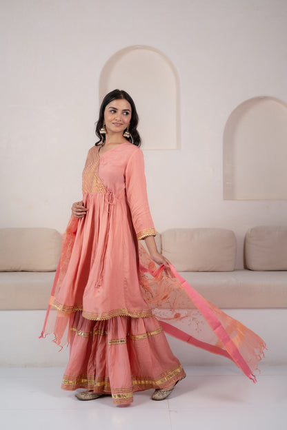 Peach  Angrakha Sharara set for women by Myshka