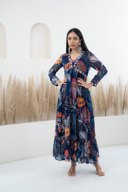 Womenâ€™s Blue Floral Printed Long Dress by Myshka-