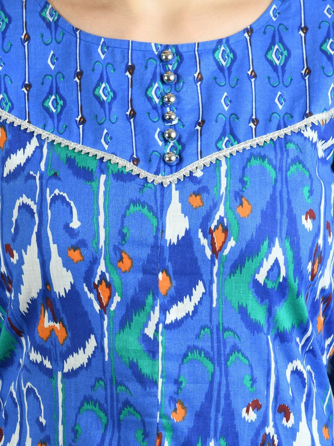 Women's Blue Cotton Printed 3/4 Sleeve Round Neck Casual Kurta Pant Set