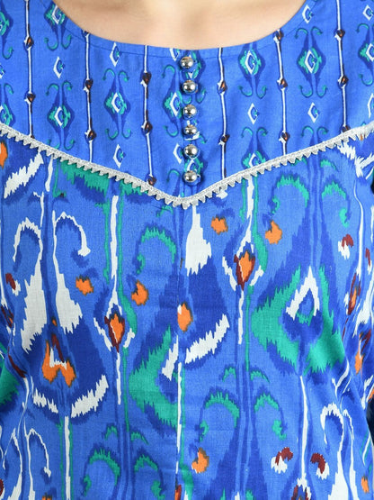 Women's Blue Cotton Printed 3/4 Sleeve Round Neck Casual Kurta Pant Set