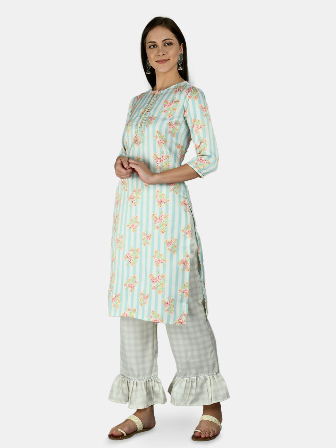 Women's Multi Silk Stripe Printed 3/4 Sleeve Round Neck Casual Kurta Palazzo Dupatta Set