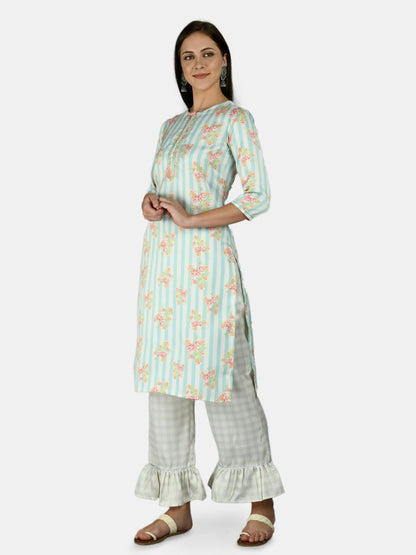 Women's Multi Silk Stripe Printed 3/4 Sleeve Round Neck Casual Kurta Palazzo Dupatta Set