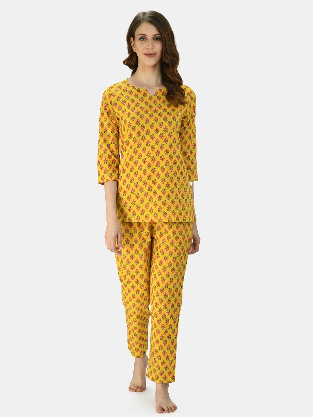 Women's Turmeric Yellow Cotton Printed Half Sleeve V Neck Casual Night Suit