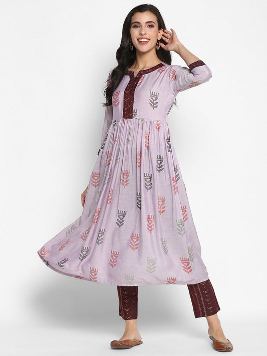 Women's Grey Color Muslin Floral A-Line Digital Printed Kurta Pant Set
